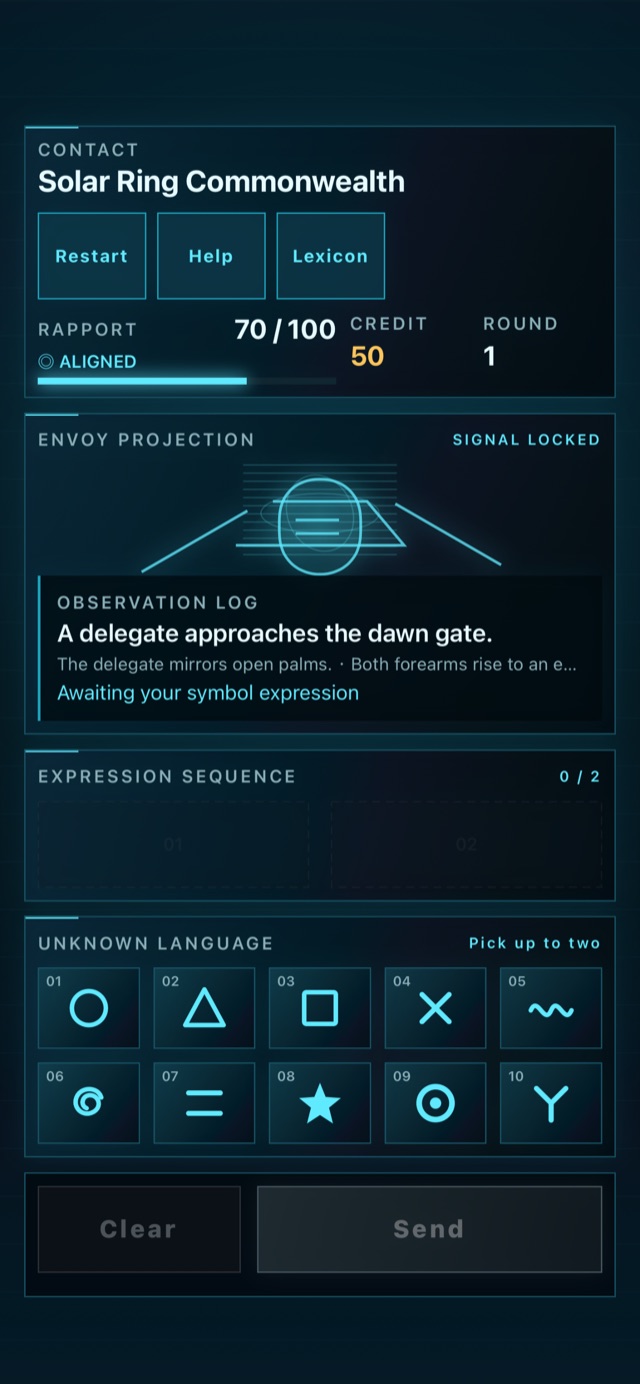 Round 1 of the Solar Ring Commonwealth negotiation, rapport 70 and credit 50, with the ten unknown symbols laid out below the observation log