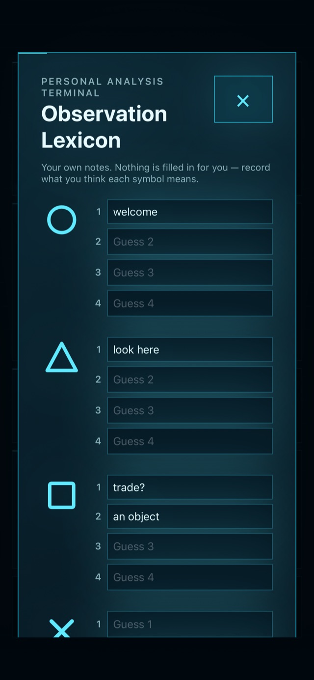 The Observation Lexicon showing player-written guesses: circle as welcome, triangle as look here, and the square holding two competing guesses