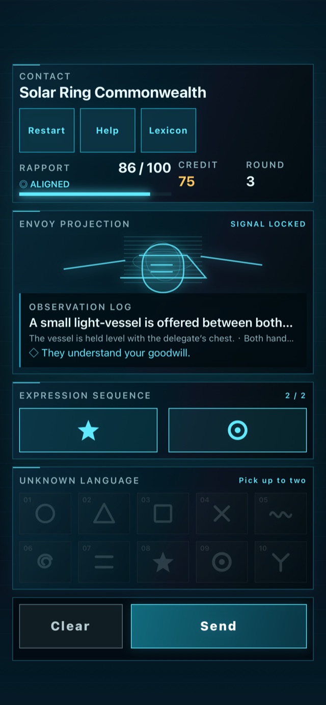 Round 3 with the star and ring symbols loaded into the two-position expression sequence and the send button active