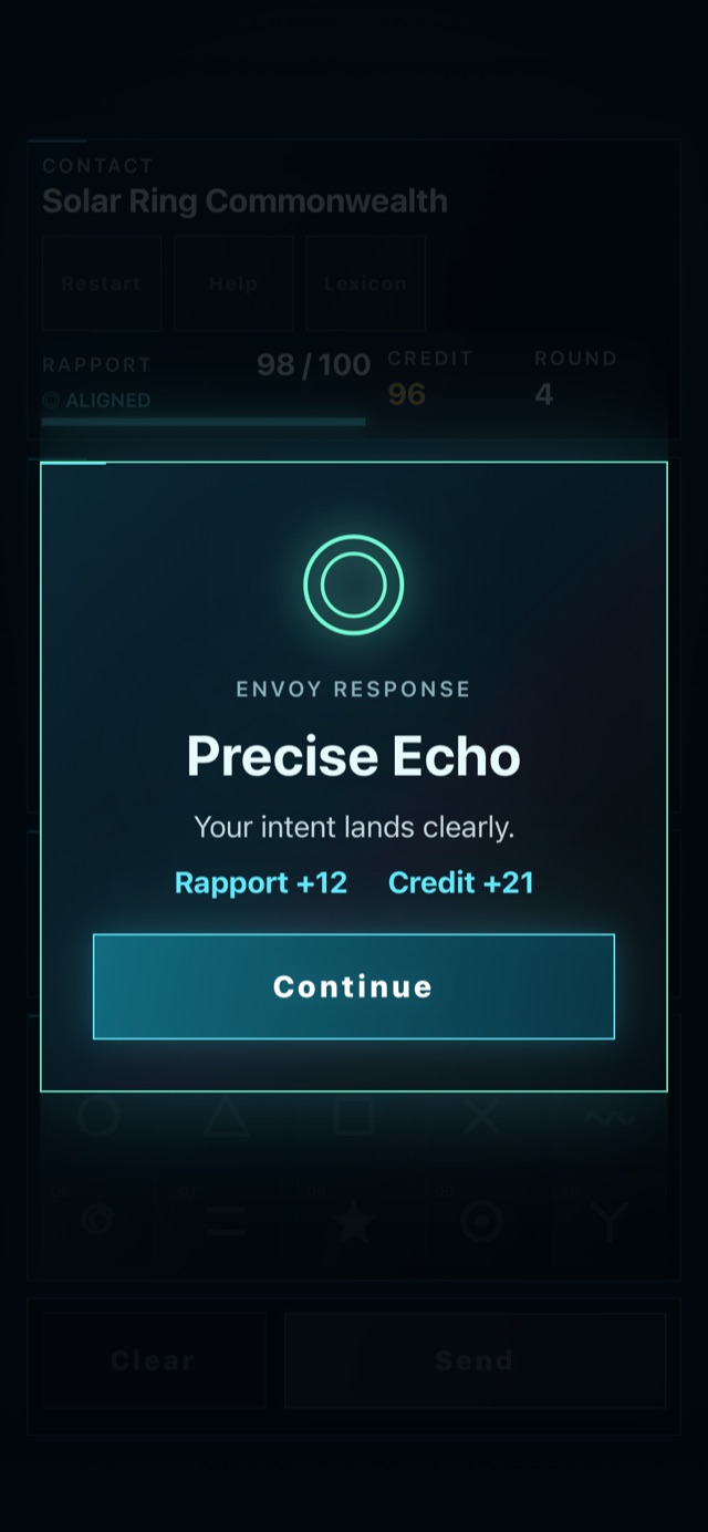 The envoy response panel reading Precise Echo, your intent lands clearly, with rapport plus twelve and credit plus twenty-one