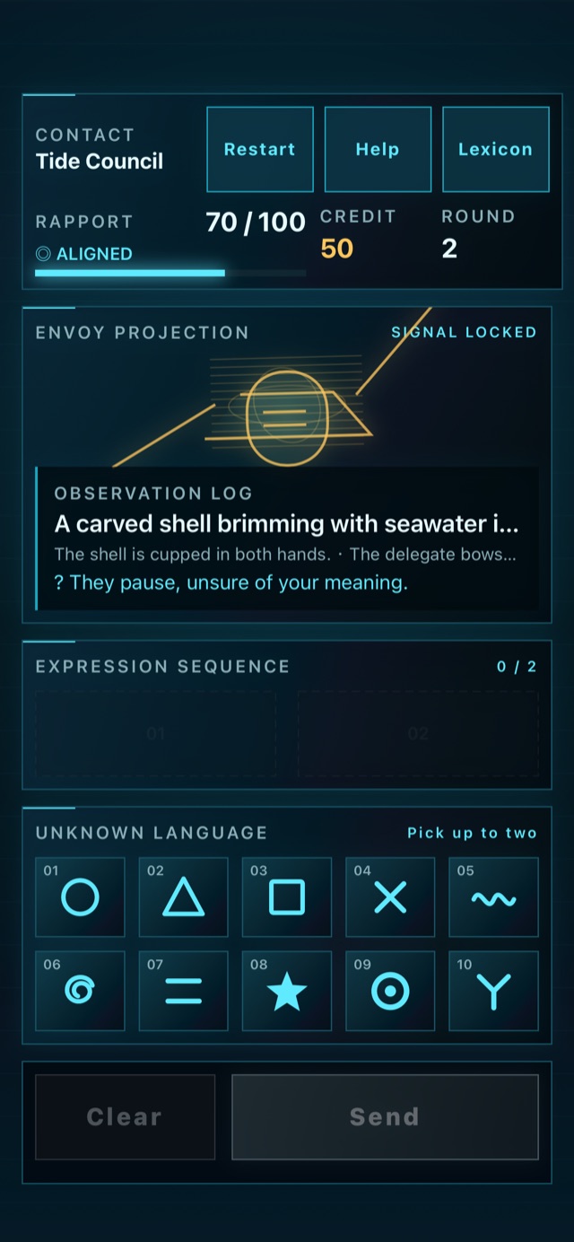 A Tide Council negotiation with an amber envoy projection, a carved shell scene, and a reply reading they pause unsure of your meaning